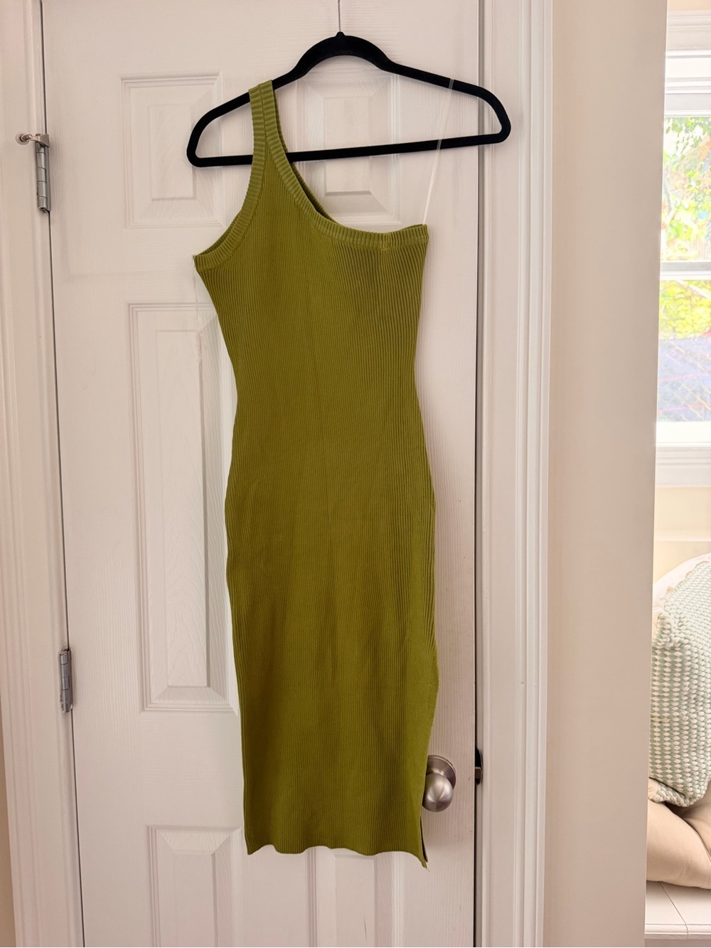 One-Shoulder Ribbed Midi Dress in Olive Green - Picture 3 of 6